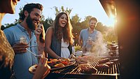 Personen stehen vor einem Grill und grillen